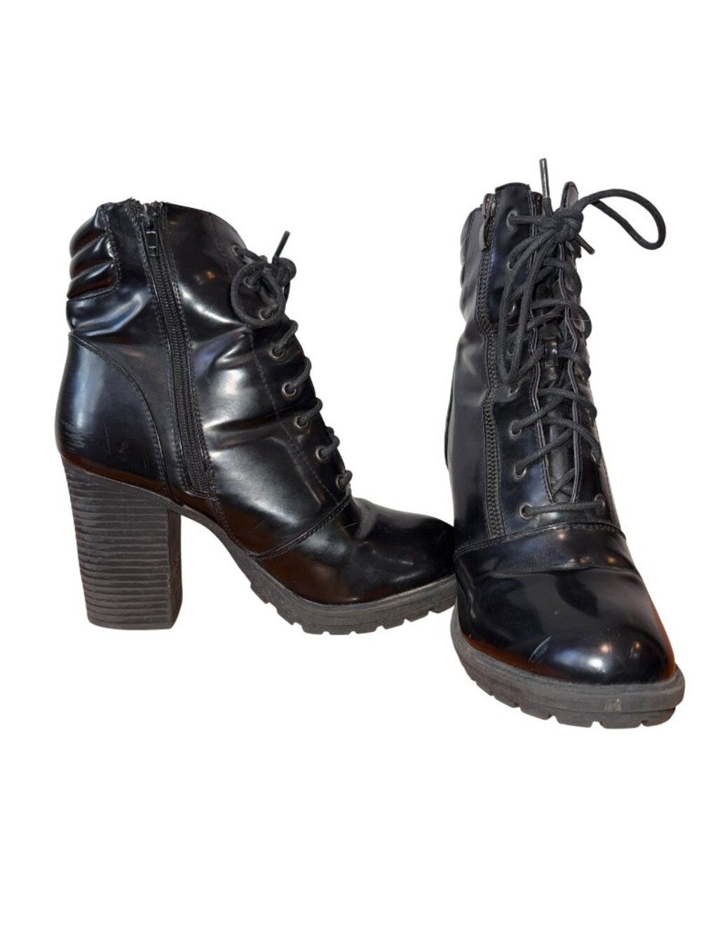 Just Fab Pembe Black Leather Lace Up Ankle Boots Chunky Heel Combat Style